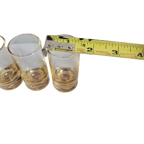 Vintage MCM Shot Glass Set w/ Holder Retro Barware Collector Gold Tone Rim - Picture 3 of 13